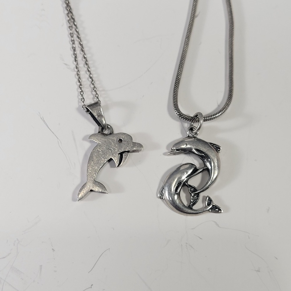 Sterling Silver Dolphin Pendant Necklaces Lot 2 - 925 Italy‎ Chain Mexico Signed